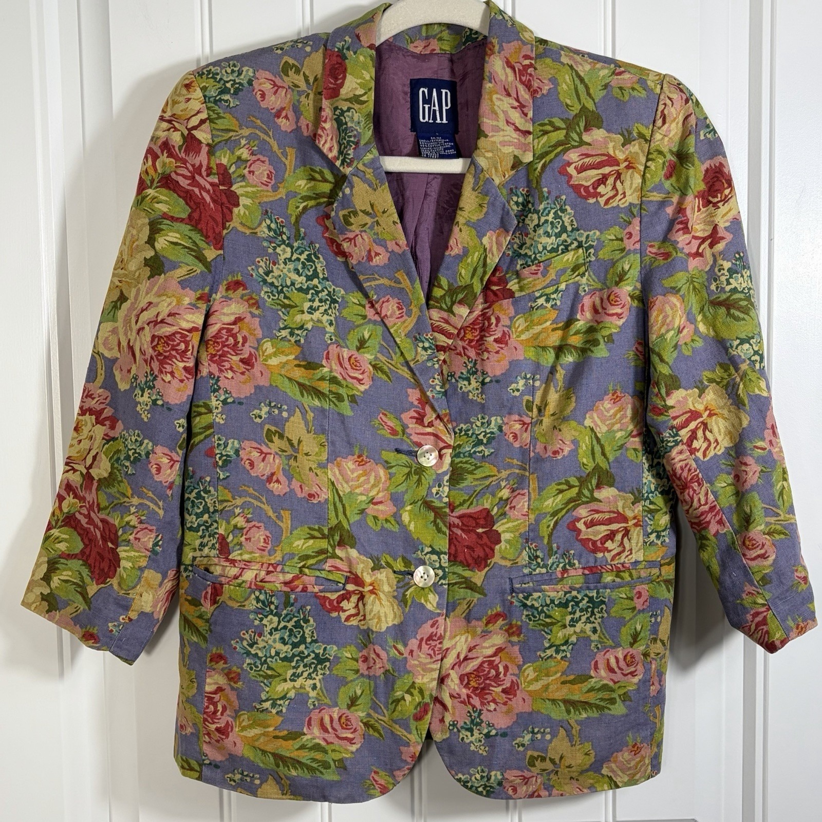 Vintage Gap Floral Linen Cotton Blazer Jacket Women's M Purple Pink Rose Print